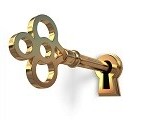 Golden key in keyhole